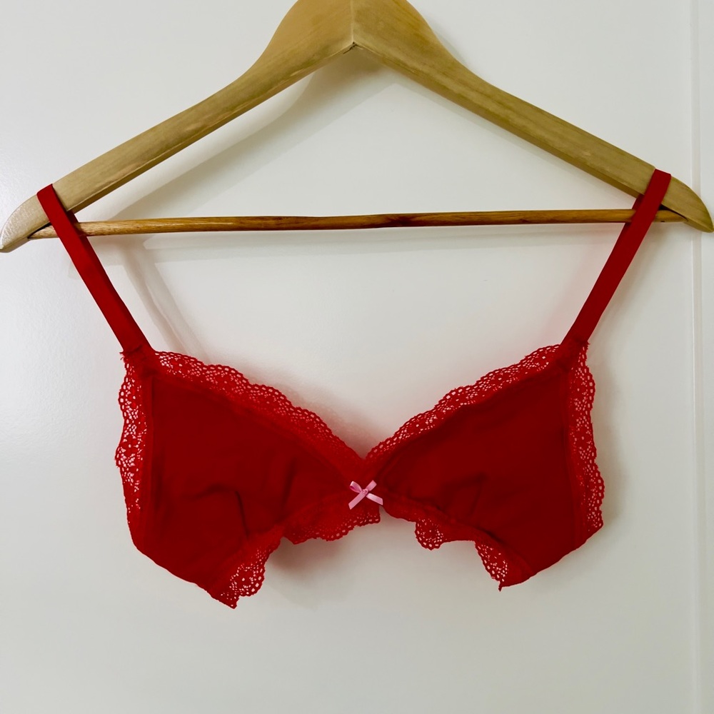 H&M Red Cotton Bralette - Lace Trim - Adjustable Straps - Size XS Women